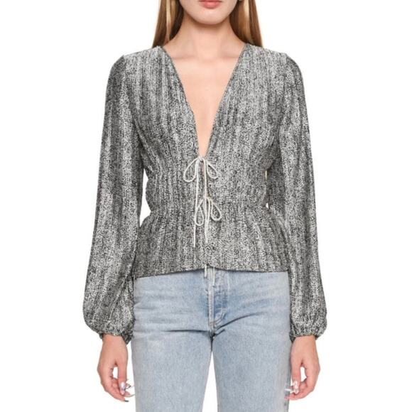 WAYF Payton Plunge Neck Rhinestone Tie Blouse Top Black White Animal Print Small - Picture 1 of 7